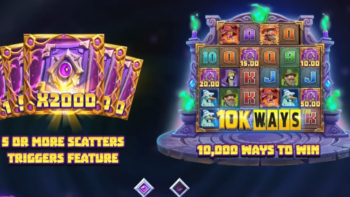 Wizbang Brawl 10K Ways স্লট গেমের জাদুকরী ইন্টারফেস এবং জাদুকর চরিত্রসমূহ